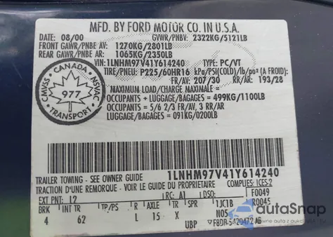 2001 Lincoln Continental из США, поврежденный, VIN 1LNHM97V41Y614240